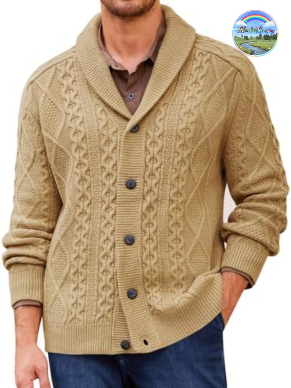 Men's Cable Knit Shawl Collar Cardigan Sweater Chunky Button Up Long Sleeve